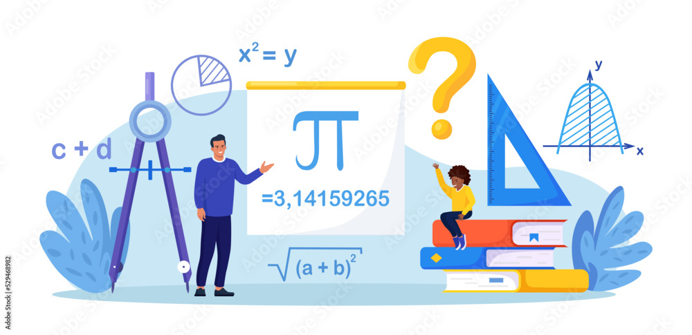 Math school subject. Pupil studying mathematics in classroom. Teacher pointing at chalkboard, teaching kids. Children learn maths, arithmetics, algebra and geometry. Education, knowledge Math school subject. Pupil studying mathematics in classroom. Teacher pointing at chalkboard, teaching kids. Children learn maths, arithmetics, algebra and geometry. Education, knowledge