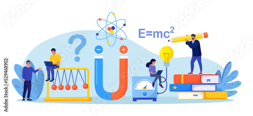 Physics school subject. Scientists explore electricity, magnetism, physical forces, electromagnetic field. Theoretical, practical lesson. Physics courses experiment. People studying electricity energy