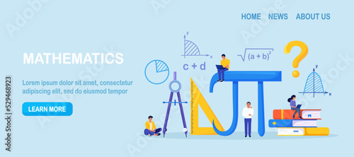Math Science Concept. Tiny Students Characters in Lab or School Class Learning Mathematics. People Studying Arithmetics, Algebra. Science, Engineering Education. Maths Analysis, Conjecture Computing