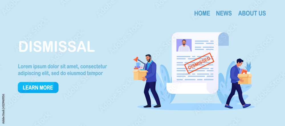 Obraz premium Dismissal, employee replacement. Unhappy man dismissed from job, leave office with stuff in box. CV resume, personal data. Unemployment dismissal of workers. Layoff, crisis, employee job reduction