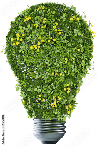 Bulb made of grass and flowers on transparent background, png.