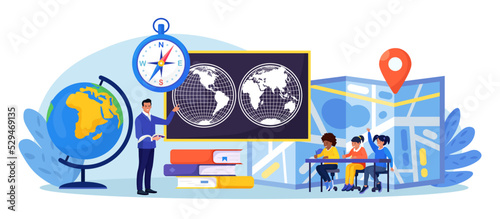 Geography school subject. Pupils studying atlas, lands, features, inhabitants of the Earth. Cartography and navigation, geology, environment research.Teacher pointing at chalkboard, teaching kids