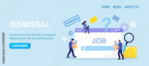 Fired employee looking for new job. Job search, find opportunity, seek for vacancy. Recruitment. Financial crisis and unemployment. Staff reduction. Unhappy man dismissed from job with stuff in box