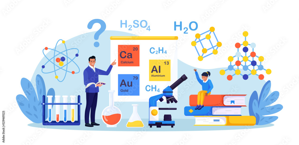 Chemistry school lesson. Pupil learning chemical formula, elements. Scientific experiment in laboratory with chemistry flasks, reagents. Lab scientific researches. Elementary schools education