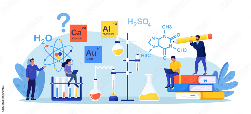 Fototapeta premium Chemistry pharmacy lab, science equipment. People learning chemical formula, elements. Scientific experiment in laboratory with reagents, test glass flask, chemical substances. Education, innovation