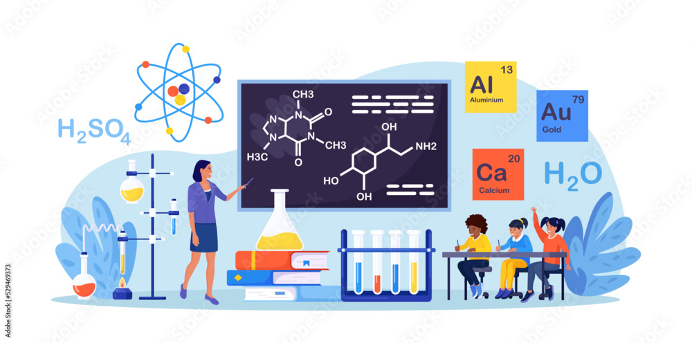 Chemistry school lesson. Pupils learning chemical formula, element. Scientific experiment in laboratory with chemistry flasks, reagents, science equipment. Lab scientific researches, education