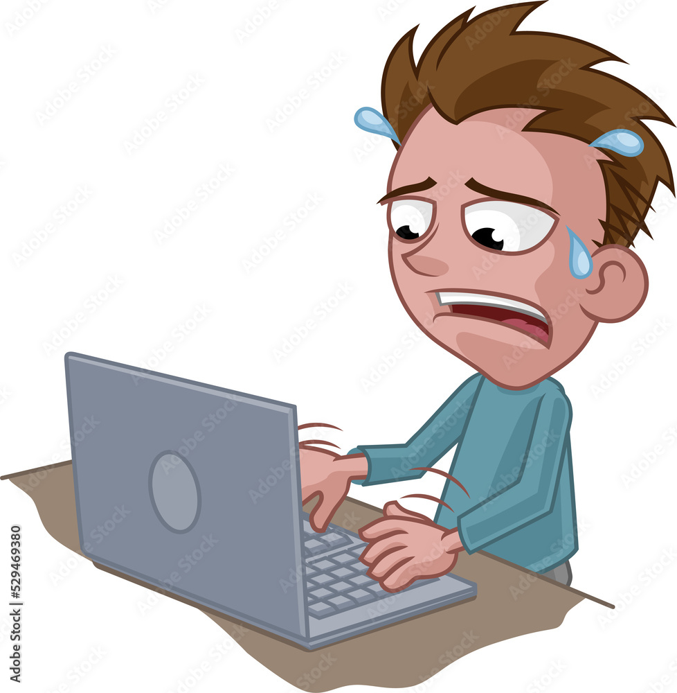 Stressed Anxious Man Using Laptop Cartoon Stressed Anxious Man Using Laptop Cartoon