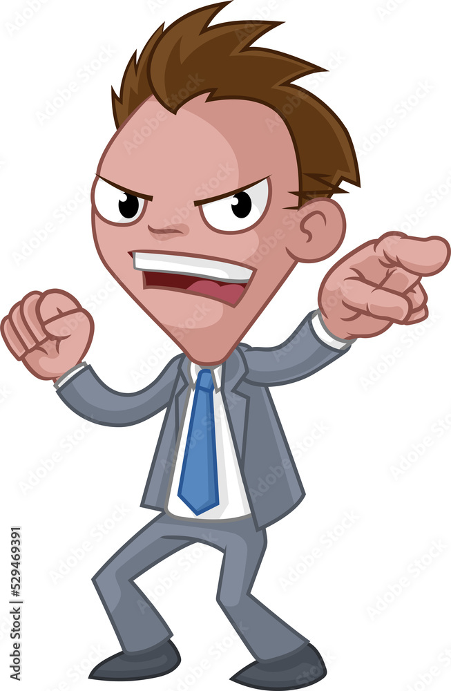 Cartoon Business Man In Suit Pointing Mascot