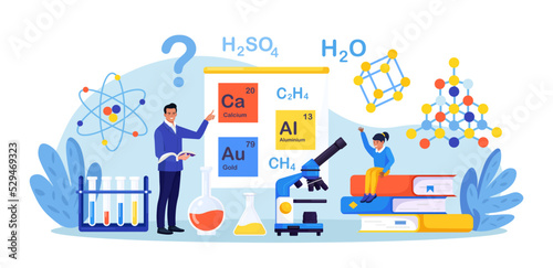 Chemistry school lesson. Pupil learning chemical formula, elements. Scientific experiment in laboratory with chemistry flasks, reagents. Lab scientific researches. Elementary schools education