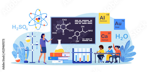 Chemistry school lesson. Pupils learning chemical formula, element. Scientific experiment in laboratory with chemistry flasks, reagents, science equipment. Lab scientific researches, education