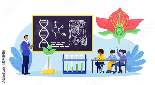 Biology school subject. Students exploring nature and living organism structure. Teacher standing at blackboard and explaining biological process to children. Academic education