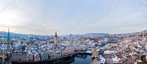 Panoramic view of Zurich city in winter, Switzerland