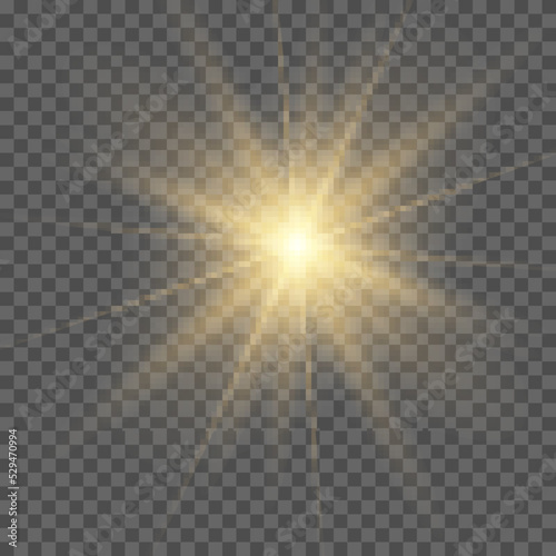 Yellow sun with rays and glow on transparent like background.