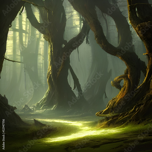 Mysterious forest with large spooky trees. 