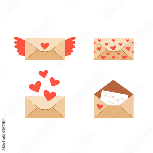 Set of letters envelopes with hearts and wings, Love letters