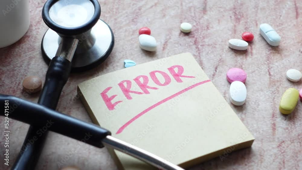 medical error text on a paper with pills and stethoscope on table .