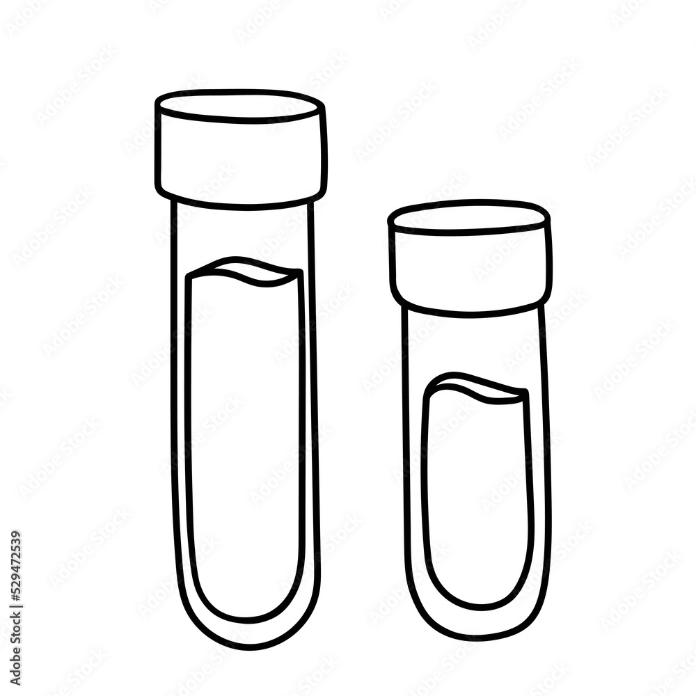 Medical test tube. Doodle of liquid medicine. Contour drawing in black, linear icon of the vaccine, analysis, probe Medical test tube. Doodle of liquid medicine. Contour drawing in black, linear icon of the vaccine, analysis, probe