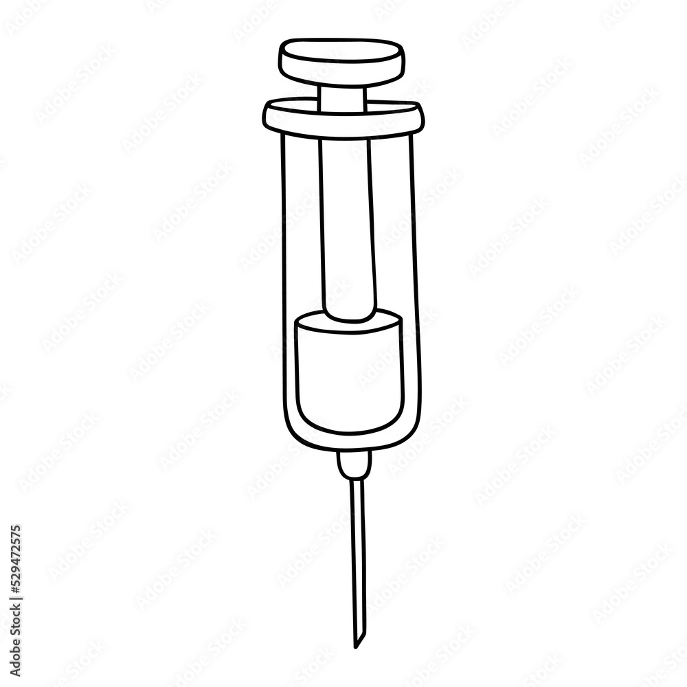 A medical syringe. Doodle of liquid medicine for injection. Contour drawing in black, linear icon of a syringe with a vaccine, analysis, liquid vitamins A medical syringe. Doodle of liquid medicine for injection. Contour drawing in black, linear icon of a syringe with a vaccine, analysis, liquid vitamins
