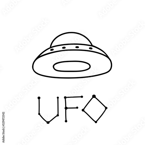 Flying saucer in doodle style. UFO Contour vector drawing. Unidentified spacecraft