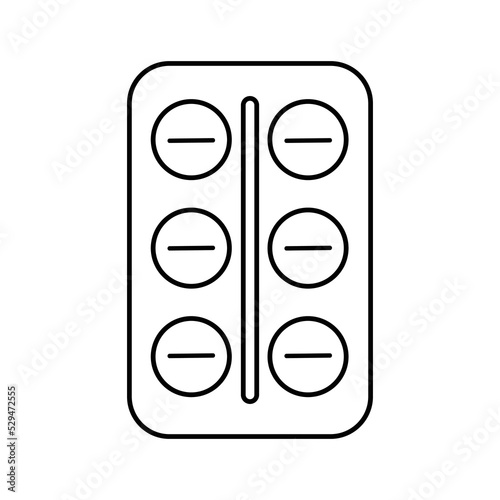 A blister of pills. A doodle of medicinal pills. Black contour drawing, linear icon of medical capsules, vitamins, drugs