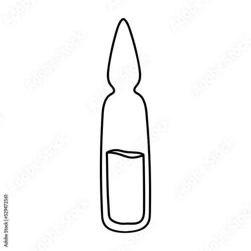 Medical ampoule. Doodle of liquid medicine for injection. Black contour drawing, linear icon of vaccine, analysis, vitamins