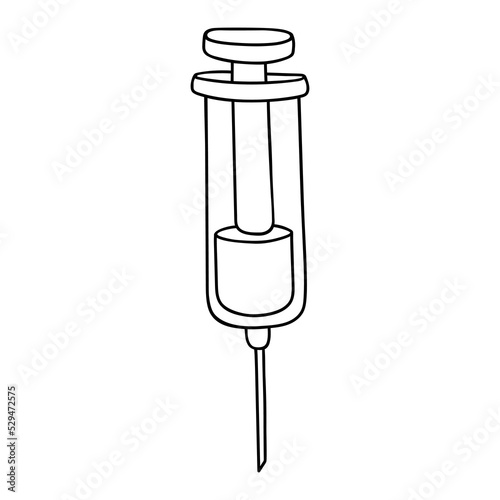 A medical syringe. Doodle of liquid medicine for injection. Contour drawing in black, linear icon of a syringe with a vaccine, analysis, liquid vitamins