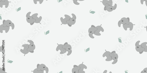 Little cute elephant and leaves doodle pattern