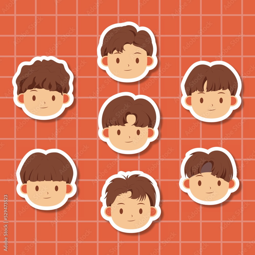 Set of cute boy face character sticker and korean boy character