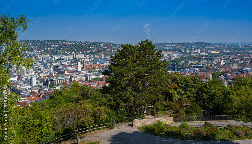 View of downtown Stuttgart (collegiate church) from the tea house in Weißenbergpark. Baden-Württemberg, Germany, Europe