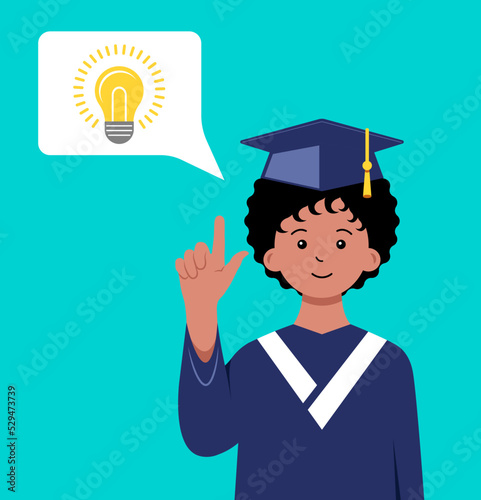Student dressed in graduation gown and mortarboard. Academic regalia, academic dress or cap and gown vector illustration. Student with great idea. Graduate lifts a finger upwards.