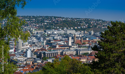 View of downtown Stuttgart (collegiate church) from the tea house in Weißenbergpark. Baden-Württemberg, Germany, Europe