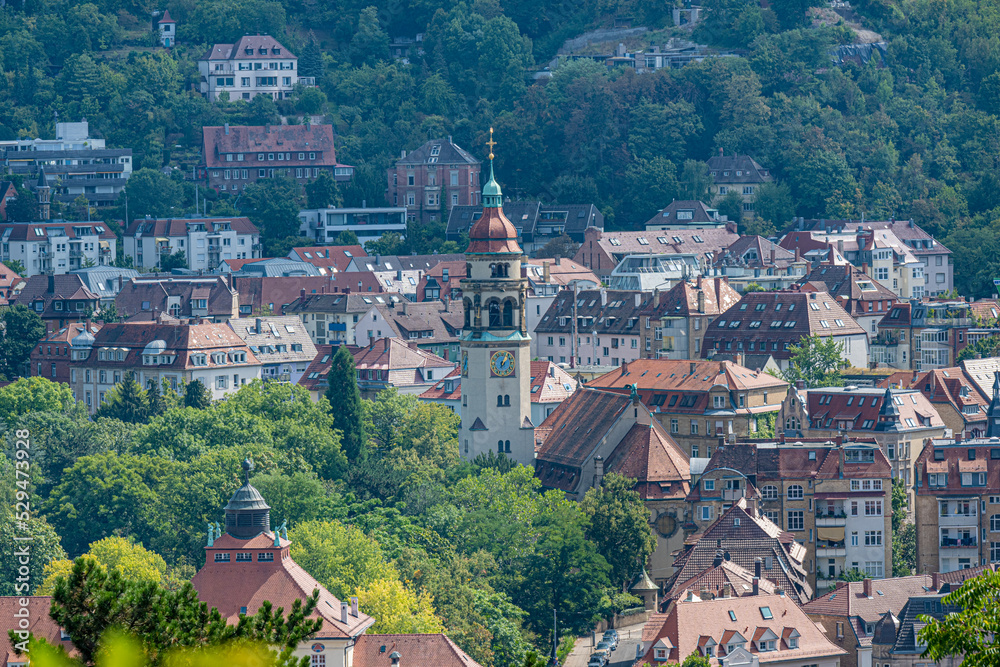 Fototapeta premium View from the Karlshöhe to the Markus Church in the south of the Stuttgart city. Baden-Württemberg, Germany, Europe