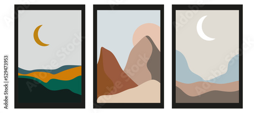 Fototapeta Naklejka Na Ścianę i Meble -  Vector illustration. The picture shows a view of the mountains, the river, the hills, the sun, the moon. Abstract design concept. Set of three posters. Ideal as pictures, screensavers and covers.