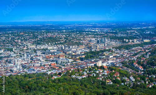 Panoramic overview of Stuttgart city seen from the TV tower. Baden-Württemberg, Germany, Europe