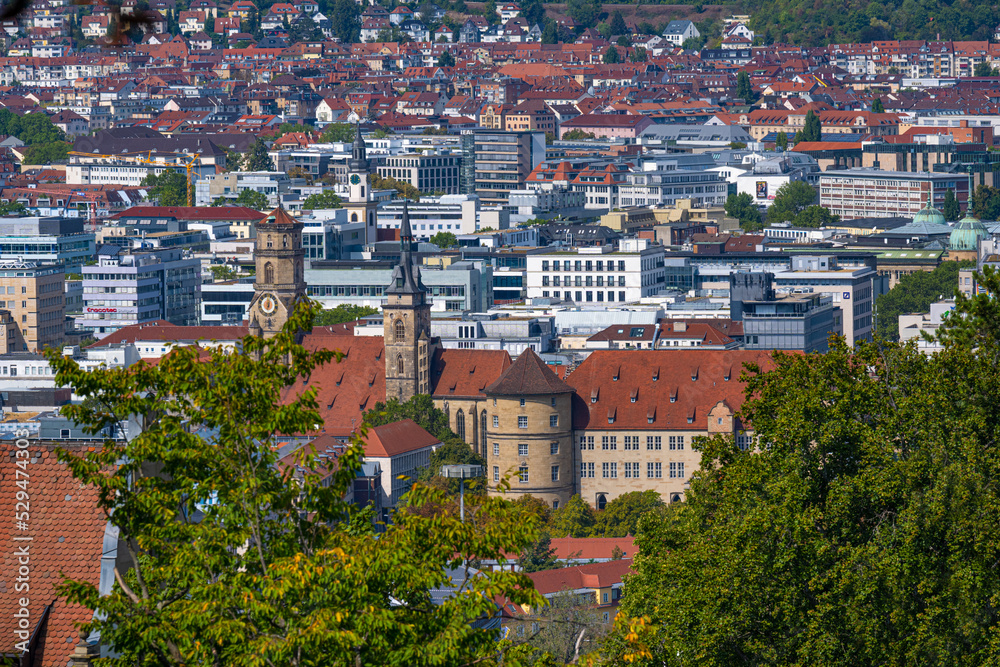 View of downtown Stuttgart (collegiate church, old castle) from the Bopser mountain. Baden-Württemberg, Germany, Europe