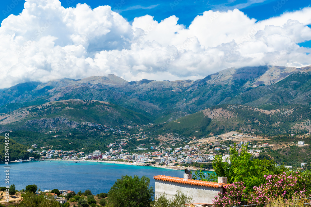Panoramic view from the top on the resort Himare town. Ionian sea. Albania.