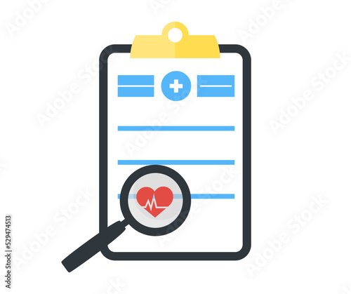 Clipboard with medical document and magnifying glass logo design. Heartbeat pulse. Document for patient health check in hospital or clinic vector design and illustration.
