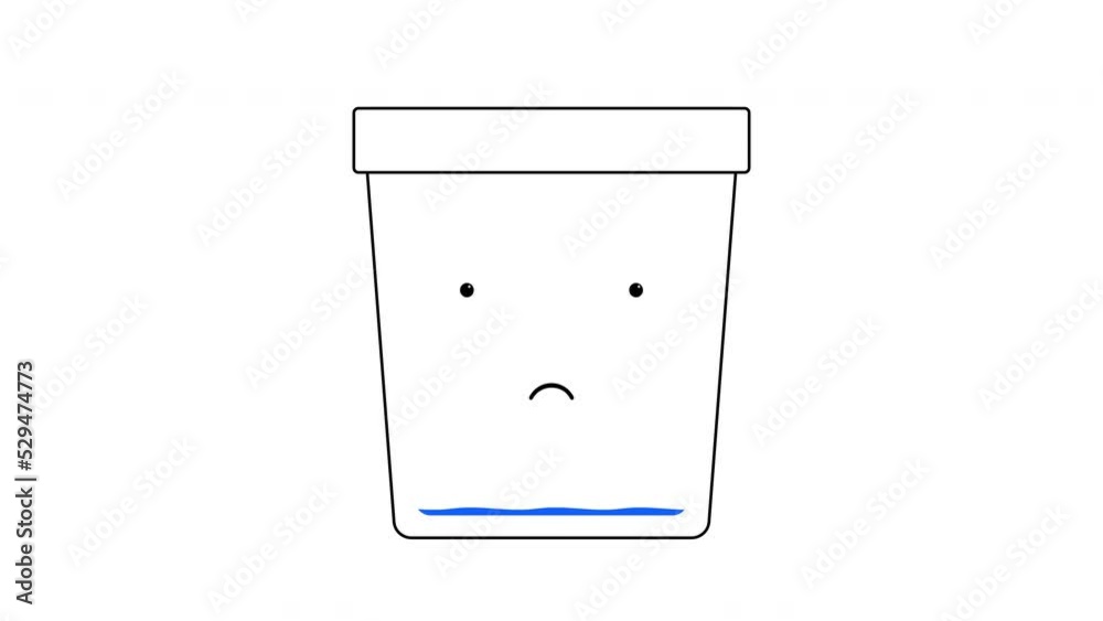 Animation of a sad and cheerful glass of water. Full and empty glass with blue water. Concept of optimist and pessimist. Human psychology.