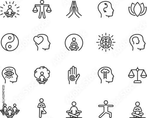 Vector set of meditation line icons. Contains icons mindfulness, balance, inner peace, self-knowledge, group meditation, inner concentration, spiritual practice and more. Pixel perfect. photo