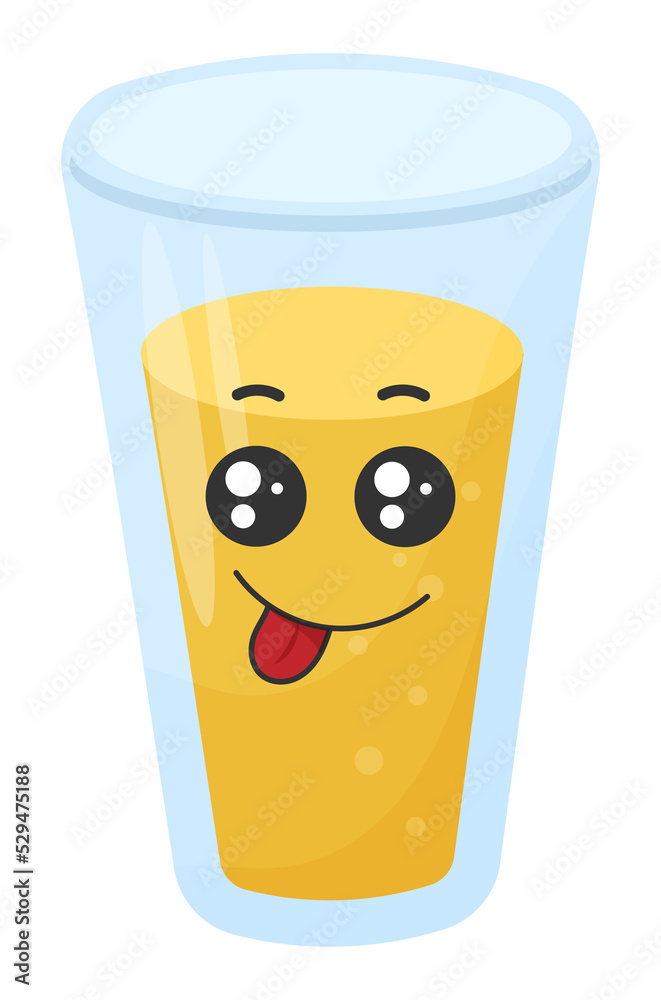 Sticker funny juice in glass with kawaii emotions. Kawaii faces. Illustration without background