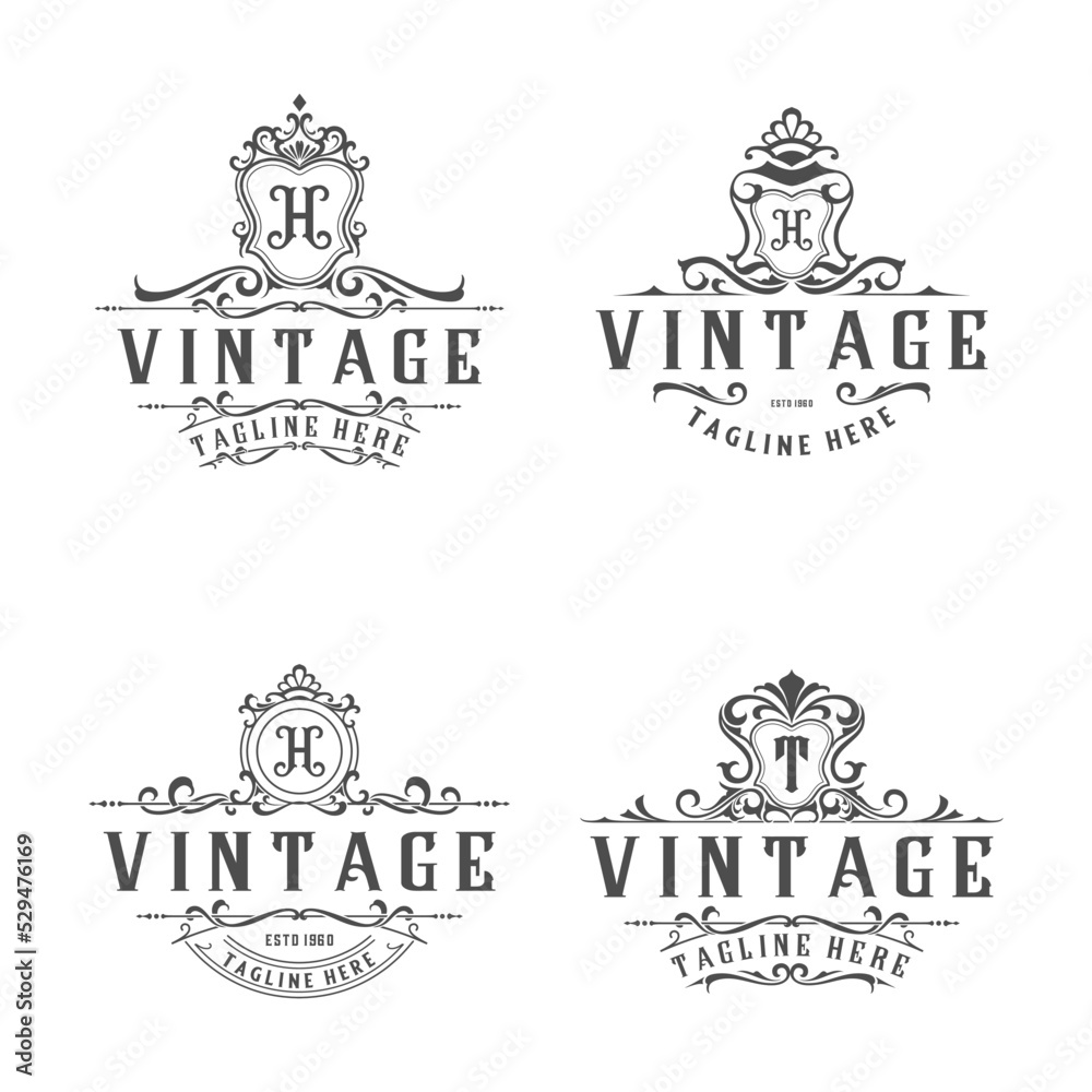 Obraz premium classic monogram logo set. floral leaf engraving illustration theme, for clothing stores, jewelry, hotels and more