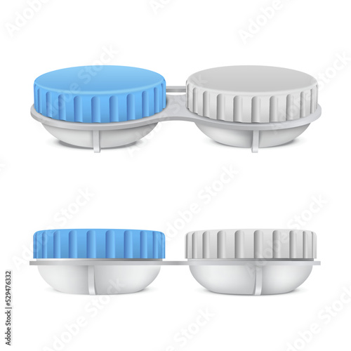Eye lenses container top side view set realistic vector illustration. Eyesight optical correction