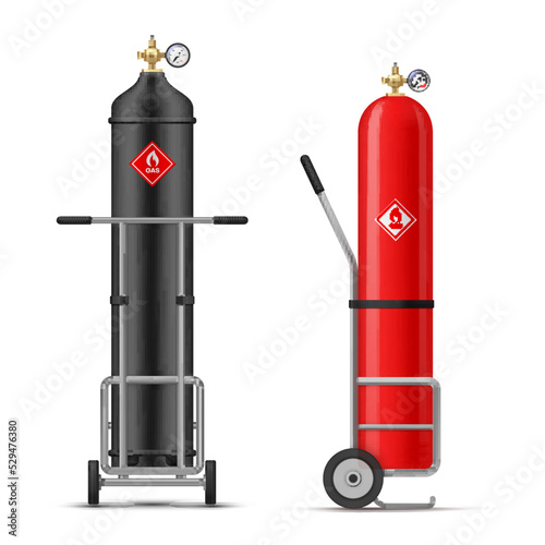 Gas cylinders on trolley dangerous red and black containers set realistic vector illustration