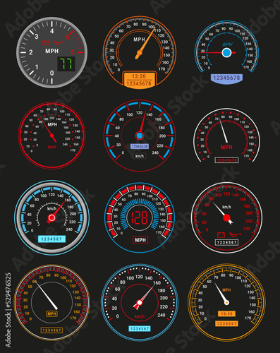 Speedometers glowing transport speed limit control dashboard set vector illustration