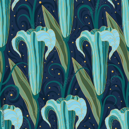 Seamless abstract pattern with tropical flowers in blue and green tones.