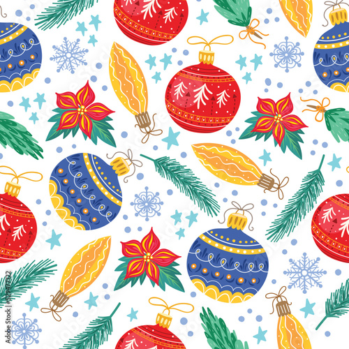Christmas seamless pattern with toys. fir branches, snowflakes, balloons.
