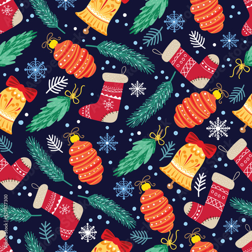 Christmas seamless pattern with toys. fir branches, snowflakes, balloons.