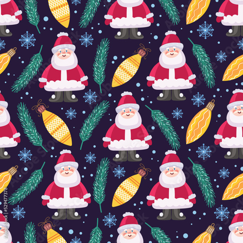 Christmas seamless pattern with toys. fir branches, snowflakes, balloons.
