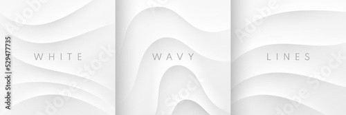 Set of abstract 3D waves ripples pattern on white background. Curve topography contour lines texture with light and shadow. Use for banners, web, brochure, cover, poster, print ad., etc. Vector EPS10.