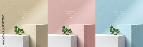 Set of abstract 3D background with beige, blue, pink realistic steps cube box stand podium. Green leaf decorate. Vector rendering geometric form. Mockup product display. Minimal scene. Stage showcase.